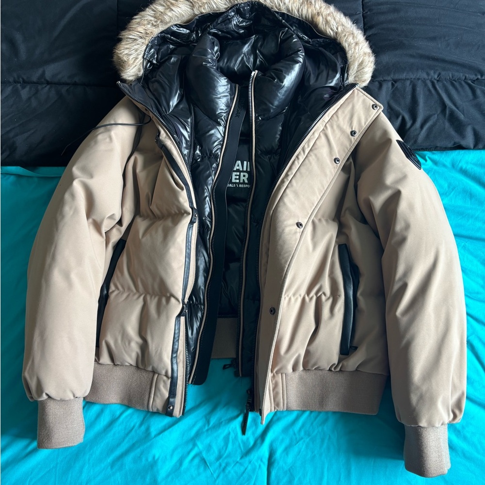 RUDSAK Tan and Black Puffer Jacket with Fur Hood